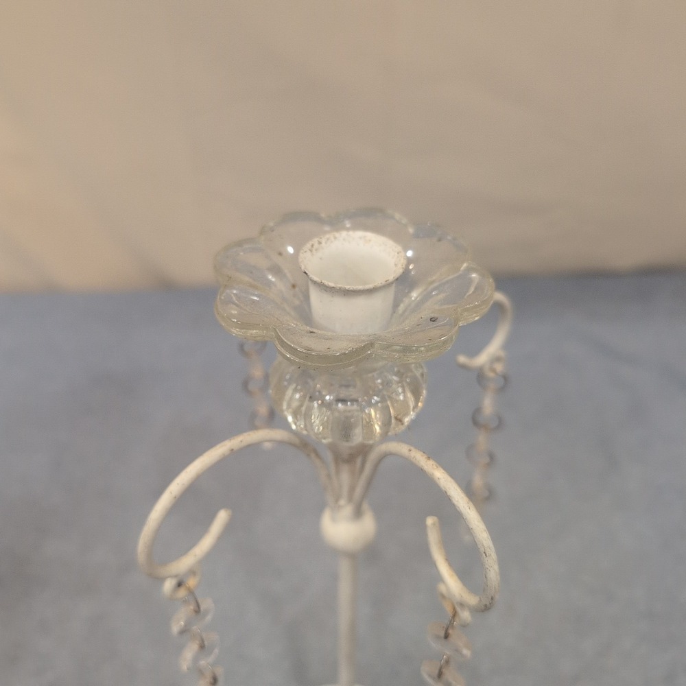 Cast Iron Taper Candle Holder Shabby Chic White Distressed Crystal Prisms - Picture 2 of 7